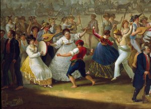 Taneční scéna a populární party v Neapoli Tanečníci tarantely (tarantella, tarantella). Anonymní malování. Neapol 18. století, Národní muzeum San Martino od Italian School