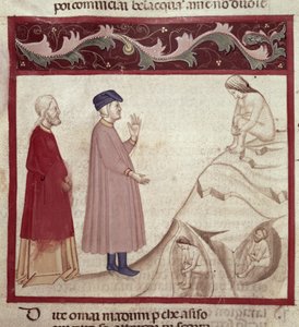 Dante a Virgil (70-19 př.nl) se setkávají s dušemi uvězněnými ve skalách z Božské komedie od Dante Alighieriho (1265-1321) od Italian School