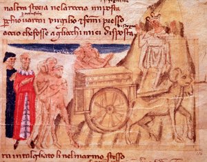 Dante a Virgil a vůz a voli táhnoucí archu (píseň X z Očistce, v Božské komedii) - miniatura od Italian School