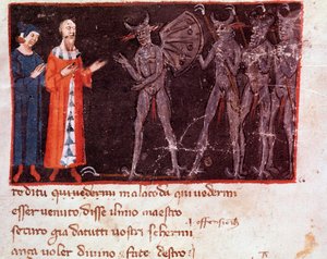 Dante a Virgil mluví s Malacodou, vůdcem eskadry Malebranche (píseň 21 z pekla, v Božské komedii) - miniatura od Italian School