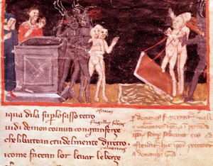 Dante a Virgil obklopeni pasáky a svůdci (píseň 18 z pekla, v Božské komedii) - Miniatura od Italian School