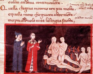 Dante et Virgil obklopen násilníky (píseň 14 z pekla, v Božské komedii) - miniatura 14. století od Italian School