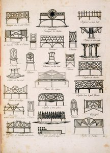 Návrhy zahradních sedaček z A Compendium of Drawings, od J.G. Grohmann, publikoval 1805 od Italian School