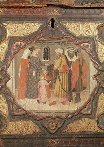 Detail kasonu zobrazující příběh Saladina a Torella z Istrie od Giovanniho Boccaccia (tempera na panelu) (viz také 444280-81) od Italian School