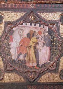 Detail kasonu zobrazující příběh Saladina a Torella z Istrie od Giovanniho Boccaccia (tempera na panelu) (viz také 444281-82) od Italian School