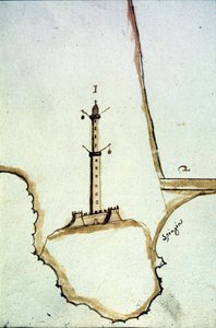 Detail ručně psané topografické mapy 17. století s vyznačením polohy janovské lucerny. od Italian School