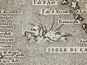 Detail mořského slona s působivou řadou hrotů vyčnívajících z jeho hřbetu, z „Nejslavnějšího ostrova na světě, který popsal Thomaso Porcacchi z Castiglione, Arretino a vyřezal Girolamo Porro, Padovano“ od Italian School