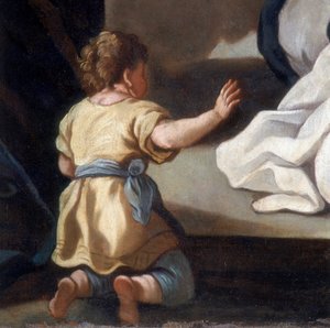 Detail malby znázorňující Růžencovou madonu se svatými Dominikem a Kateřinou Sienskou od Italian School