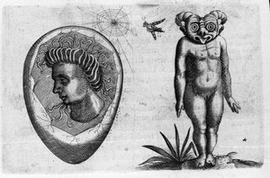Různé typy lidských monster: fosilní muž a monstrum. Rytina z "Povaha příšer, jejich příčiny a rozdíly" od Fortunia Ačkoliiho (1577-1656), italského vědce. 1646 od Italian School