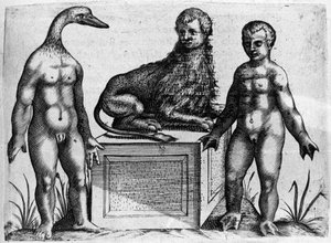 Různé typy lidských monster: muž s kachní hlavou, muž s tělem lva a další s palmovýma rukama. Rytina z „De monstrorum natura, causis et differentiis“ od Fortunia Licetiho (1577-1656), italského vědce. 1646 od Italian School