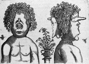 Různé typy lidských monster: tvář a tvář hlavy monster. Rytina z "Povaha příšer, jejich příčiny a rozdíly" od Fortunia Ačkoliiho (1577-1656), italského vědce. 1646 od Italian School