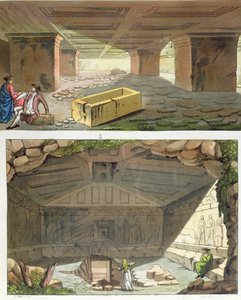 Objev etruských hrobek, kolem roku 1820 (barevná rytina) od Italian School