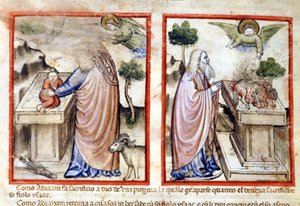 Epizoda obětování Izáka od Abrahama. Miniatura z Codexu 212 (nebo Paduánského kodexu nebo Bible z Padovy) 1390-1400 Rovigo, Accademia dei Concordi od Italian School