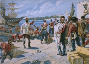 Expedition of the Thousand pod vedením Giuseppe Garibaldi, přistání v Marsale, Sicílie, 1860, ilustrace z alba o historii Risorgimento vyrobeného pro čokoládový Talmone, pozdní od Italian School