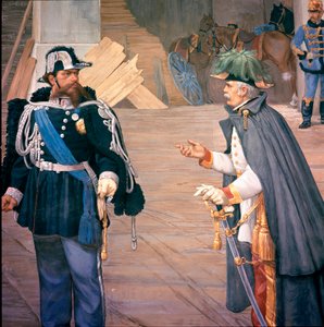První italská válka za nezávislost: „“bitva u Novary (Novara) 13. září 1849““ Také nazývaná bitva o Bicoque. Vittorio Emanuel (Victor Emmanuel) (Victor-Emmanuel) II (1820-1870) a Joseph Radetzky (1766-1858). Detail fresky od Italian School
