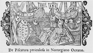 Rybolov v norském oceánu, ilustrace z Historie severních národů od Olause Magnuse (1490-1558), vydaná v Římě, 1555 od Italian School