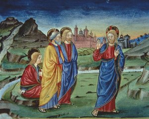 Fol.103v Po proměnění Kristus říká apoštolům, aby to neprozradili dříve než po vzkříšení (vellum) (detail) od Italian School