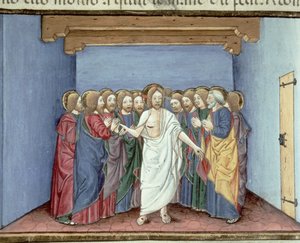 Fol.135v Ježíš se zjevuje učedníkům shromážděným pod jednou střechou ze strachu před soudci (vellum) od Italian School
