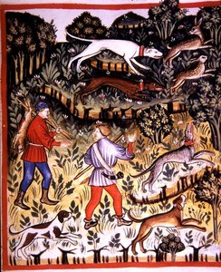 Fol.72r Lovící zajíc, ilustrace z "Tacuinum Santiatis" (pergamen) od Italian School