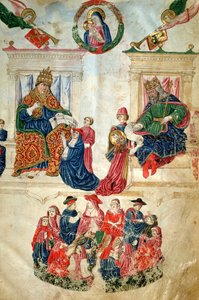 Založení Boloňské univerzity císařem Theodosiem II. (408-450) a privilegia udělená papežem Pavlem II. (1417-71) (vellum) od Italian School