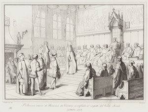 Francesco Petrarca, řečník Francesca da Carrara, je zmatený v přítomnosti benátského senátu od Italian School