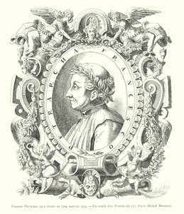 Francois Petrarque, narozen v Arezzo v roce 1304, zemřel v roce 1374, Faksimile portrétu ze 16. století, Britské muzeum (rytina) od Italian School