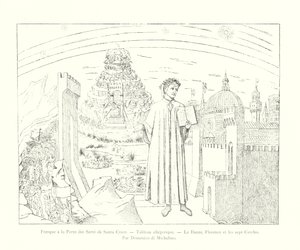 Freska u dveří Servi of Santa Croce, Alegorický obraz, Dante, Florencie a sedm kruhů, Domenico di Michelino (rytina) od Italian School