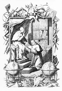 Frontispis pro Sacred-Profane Universal Library, svazek 1, Vincenzo Coronelli, tisk vytvořil Alessandro dalla Via, vydáno 1701 od Italian School