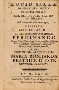 Frontispis z Mozartovy hry Lucio Silla, provedené v Miláně v roce 1773 od Italian School