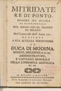 Frontispis z rané kopie opery Mitridate, re di Ponte Wolfganga Amadea Mozarta, 1770. od Italian School