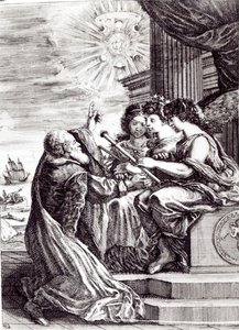 Frontispis Opere di Galileo Galilei, vydaný v Bologni v roce 1656 od Italian School