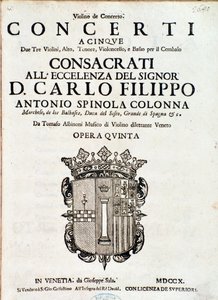 Frontispis partitury „Concerti a cinque, opera 5“ od Tomase Albinoniho od Italian School