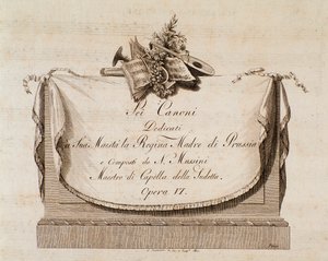 Frontispis partitury Sei canoni italského skladatele Natale Mussiniho (1765-1837) věnovaný královně Pruska od Italian School