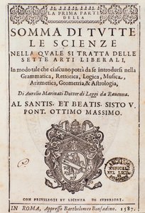Frontispis převzat z Sum of all sciences, esej o svobodných uměních, od Aurelia Marinatiho od Italian School