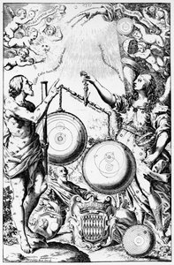 Frontispis k Almagestum Novum od Giovanniho Battisty Riccioliho, publikoval v roce 1651 od Italian School