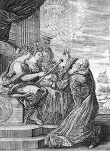 Galileo, astronom (1564 - 1642) předává dalekohled třem graciím. Pravou rukou ukazuje planetu Jupiter se svými satelity, které objevil a věnoval rodině Medici. Frontispice de “” Opera di Galileo”” Bologna od Italian School