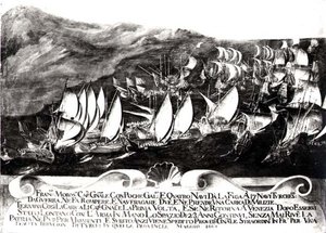 Generál Francisco Morosini (1618-94) a benátská flotila při setkání s tureckou flotilou u pobřeží Kréty, květen 1661 od Italian School