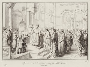 Giovanni II Partecipazio se vzdává vévodství, 887 (rytina) od Italian School