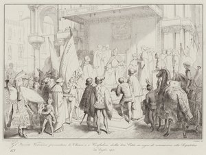 Veronese Envoys prezentují klíče a Confaloni svého města na znamení podrobení... (rytina) od Italian School