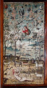 Bůh tvoří Adama, zvíře, zemi, oblohu a vodu Malba na dřevo zdobící skříňový panel starověké sakristie Bramante (Malba v sakristii Bramante) Bazilika di Santa Maria delle Grazie, Milán, Itálie od Italian School