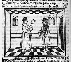 Grimaldiho lakomý Erminio čelí Guglielmu Borsiereovi, který se z něj snaží vytáhnout peníze jemnými slovy. Ilustrace k nové 61 (nové 8 prvního dne) „Dekameronu““ od Giovanniho Boccaccia dit Jean Boccaccia (1313-1375), italského spisovatele. Rytina od Italian School
