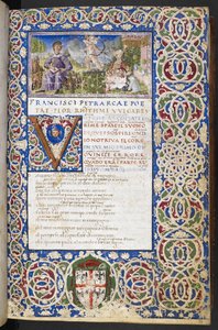 Harley 3567, f.9 Miniatura Petrarca a Laury, s láskou mířící šíp na Lauru, z 