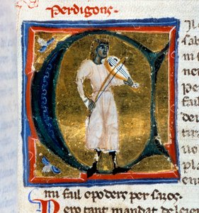 Dopis historika (písmeno A). Perdigonský trubadúr hraje starého muže. Miniatura převzata z rukopisu „“ Chansonnier provencal““ (Folio 36), napsané Perdigonem a zkopírované Ateliérem Benátky-Padua od Italian School