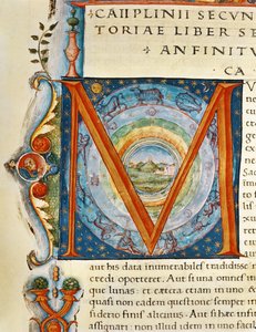 Historická iniciála „M“ zobrazující nebesa a znamení zvěrokruhu, z „Naturalis Historia“ od Plinia Staršího (vellum) od Italian School