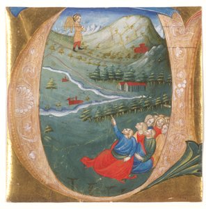 Historická iniciála zobrazující Elizea v Eliášově plášti, vystřižená z antifonáře, kolem roku 1440 (tempera a zlatý list na pergamenu) od Italian School