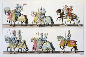 Svatá říše římská: Účastníci turnaje na lucemburském hradě v době Maxmiliána I. z Costumi dei Romani, Svizzeri.. kolem 1800-18 od Italian School