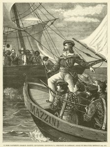 První loděnice s názvem Mazzini, s republikánskou vlajkou, pod velením Garibaldiho, Assale An Imperial Brigantion (rytina) od Italian School