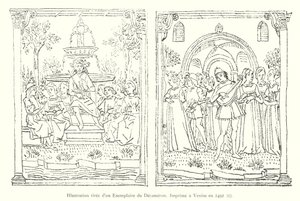 Ilustrace z kopie Dekameronu, vytištěné v Benátkách v roce 1492, I (rytina) od Italian School