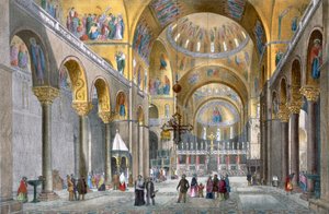 Interiér baziliky San Marco, při pohledu na kupoli, z Pohledů na Benátky od Cecchiniho, Pividora a Violy, kolem roku 1850 (ručně kolorované lito) od Italian School
