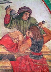 Interiér hostince, detail bojujících pijáků (freska) od Italian School